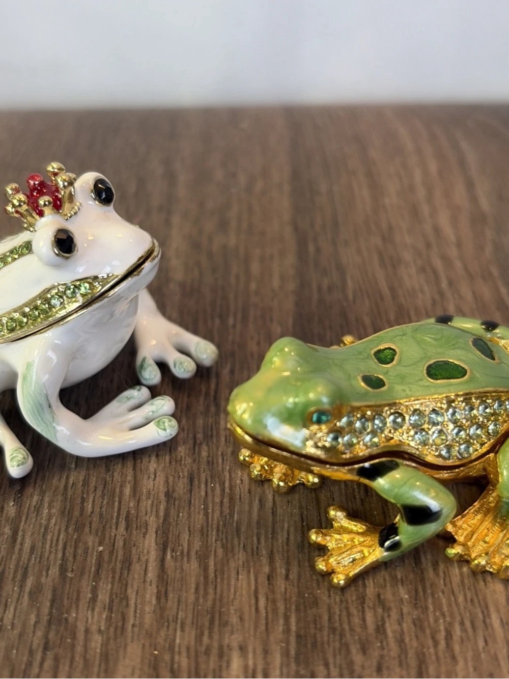 2 Enamel & Rhinestone Hinged Frog Trinket Pill Boxes Prince Jeweled Bling Metal